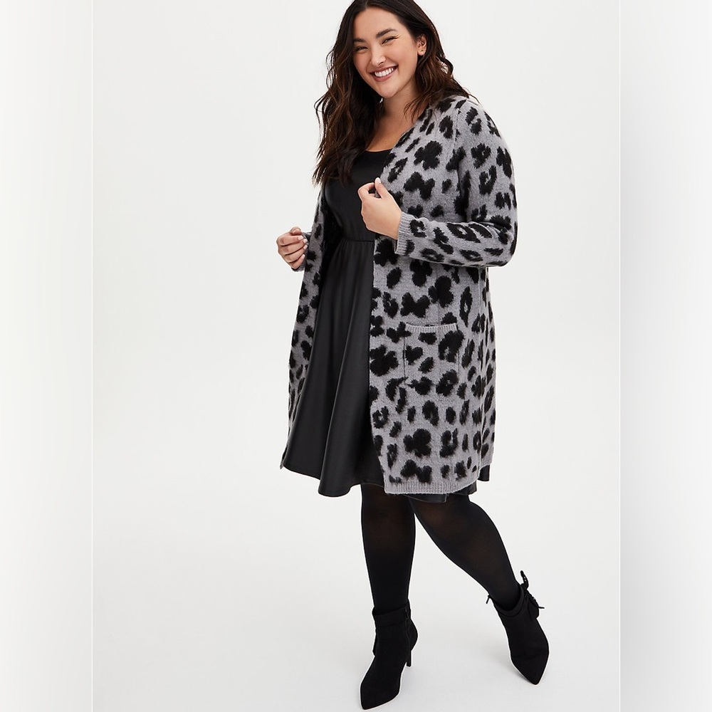 Open-Front Leopard Print Long Cardigan Sweater - Gray/Black